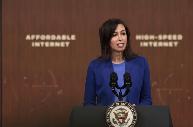 WASHINGTON, DC - FEBRUARY 14: Federal Communications Commission Chairwoman Jessica Rosenworcel delivers remarks on the Biden administration’s Affordable Connectivity Program at the South Court Auditorium at Eisenhower Executive Office Building on February 14, 2022 in Washington, DC. During the event U.S. Vice President Kamala Harris announced that 10 million households had enrolled in the program which helps families access high-speed, affordable internet. (Photo by Anna Moneymaker/Getty Images)