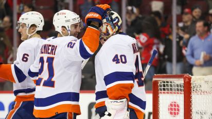 Getty Images - NEWARK, NJ - APRIL 15: New York Islanders center Kyle Palmieri (21) celebrates with New York Islanders goaltender Semyon Varlamov (40) after defeating the New Jersey Devils during a game between the New York Islanders and New Jersey Devils on April 15, 2024 at Prudential Center in the Newark, New Jersey. (Photo by Andrew Mordzynski/Icon Sportswire via Getty Images)