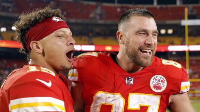 Getty Images - KANSAS CITY, MISSOURI - OCTOBER 10:  Patrick Mahomes #15 and Travis Kelce #87 of the Kansas City Chiefs celebrate after the Chiefs defeated the Las Vegas Raiders 30-29 to win the game at Arrowhead Stadium on October 10, 2022 in Kansas City, Missouri. (Photo by David Eulitt/Getty Images)