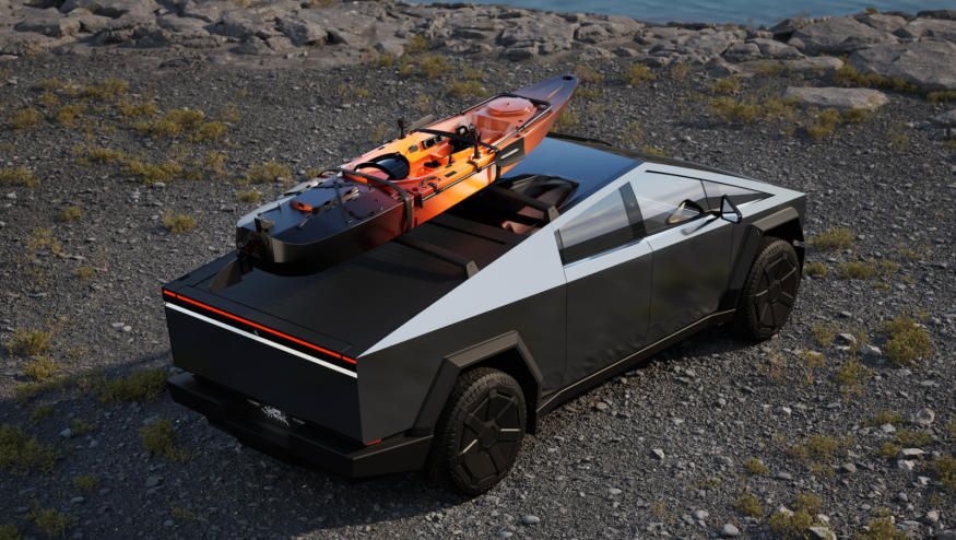 A silver vehicle with a canoe on its roof. 