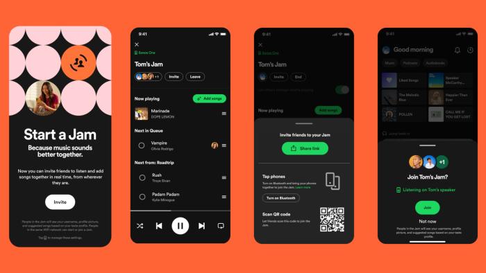 Screenshots showing Spotify's new feature Jam against an orange background.