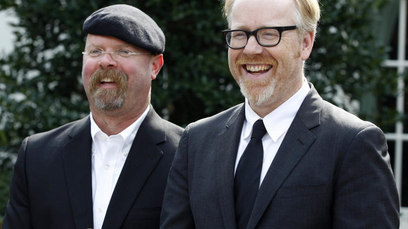 Discovery Channel's MythBusters hosts, Jamie Hyneman, left, and Adam Savage, speak to reporters outside the White House in Washington, Monday, Oct. 18, 2010, after they taped a segment with President Barack Obama. (AP Photo/Charles Dharapak)