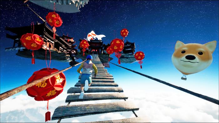 Gameplay still from ‘Only Up!’ A teenager runs across railroad tracks suspended in the sky. Strange red balloons, a Shiba Inu dog face and other odd objects.