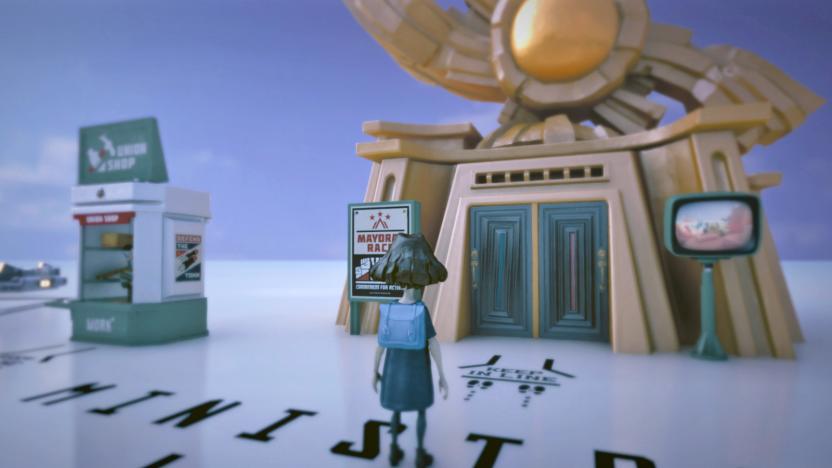 A still from the video game 'The Tomorrow Children' showing a young character in a backpack looking at an Art Deco styled elevator (that goes down only).