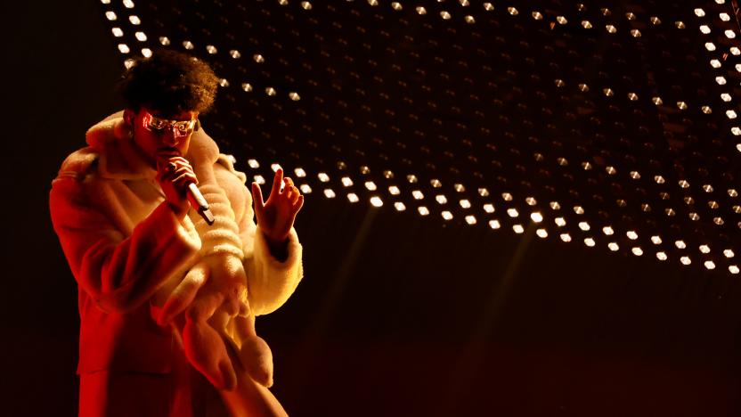 Puerto Rican rapper Bad Bunny performs at the 2021 Billboard Music Awards at Microsoft Theater in Los Angeles, California, U.S., May 21, 2021. Picture taken May 21, 2021.  REUTERS/Mario Anzuoni FOR EDITORIAL USE ONLY