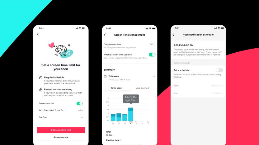Screenshots of TikTok's screen time settings for teen accounts.