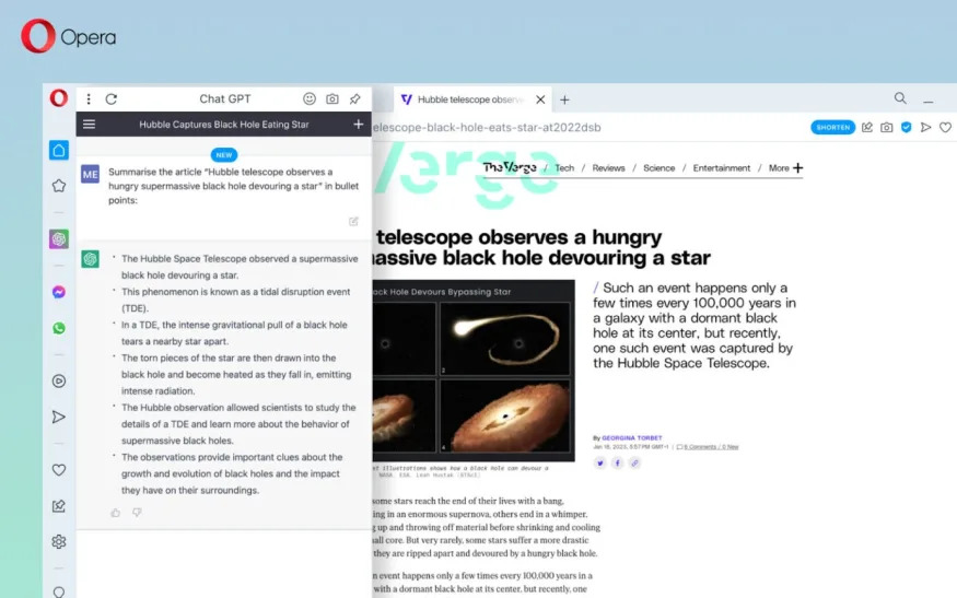 記事やウェブページの要約を作成するためのサイドバーを含む、Opera の新しい ChatGPT 統合を示すスクリーンショット。