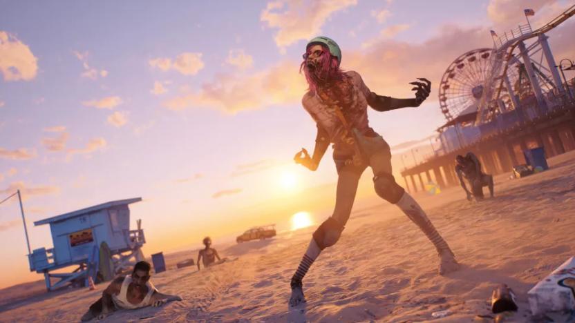 Screenshot from Dead Island 2, showing a zombie on a beach. 