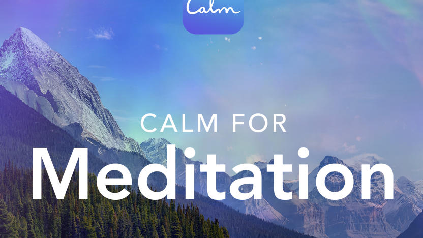 The Calm logo and the words "Calm for meditation" are overlayed on a mountainous lake. 