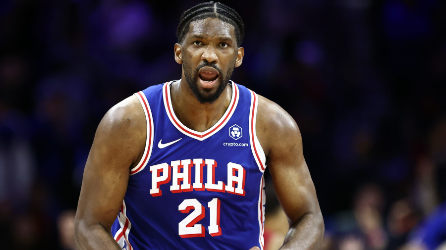 Getty Images - PHILADELPHIA, PENNSYLVANIA - APRIL 17: Joel Embiid #21 of the Philadelphia 76ers reacts during the fourth quarter against the Miami Heat during the Eastern Conference Play-In Tournament at the Wells Fargo Center on April 17, 2024 in Philadelphia, Pennsylvania. NOTE TO USER: User expressly acknowledges and agrees that, by downloading and or using this photograph, User is consenting to the terms and conditions of the Getty Images License Agreement. (Photo by Tim Nwachukwu/Getty Images)