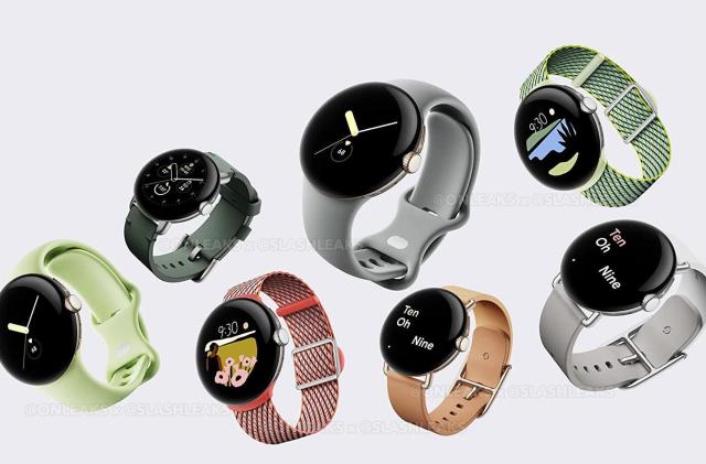 Leaked image of Google's Pixel Watch showing some of the watch faces and band designs.