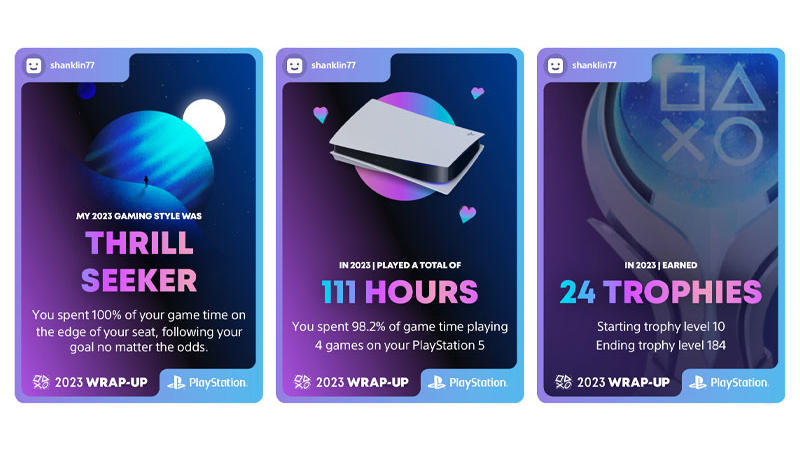 Three colorful (largely purple) digital cards lined up in a row reflecting on a year of play on PlayStation play. The cards are titled Thrill Seeker (2023 gaming style), 111 hours (total playtime) and 24 trophies (earned during the year).