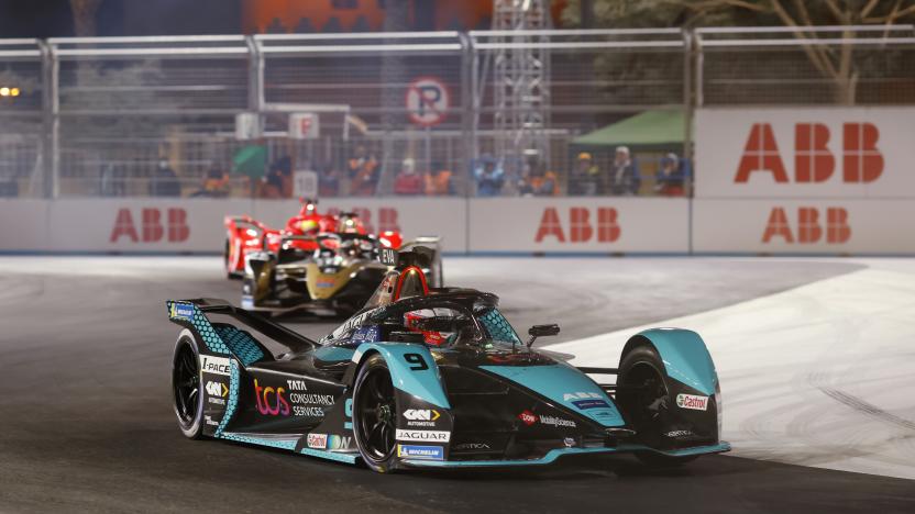 RIYADH, SAUDI ARABIA - JANUARY 28: In this handout provided by Jaguar Racing, Mitch Evans (NZL), Jaguar TCS Racing, Jaguar I-TYPE 5, leads Jean-Eric Vergne (FRA), DS Techeetah, DS E-Tense FE21 during the ABB FIA Formula E Championship - Diriyah E-Prix Round One 2022 on January 28, 2022 in Riyadh, Saudi Arabia. (Photo by Jaguar Racing via Getty Images)