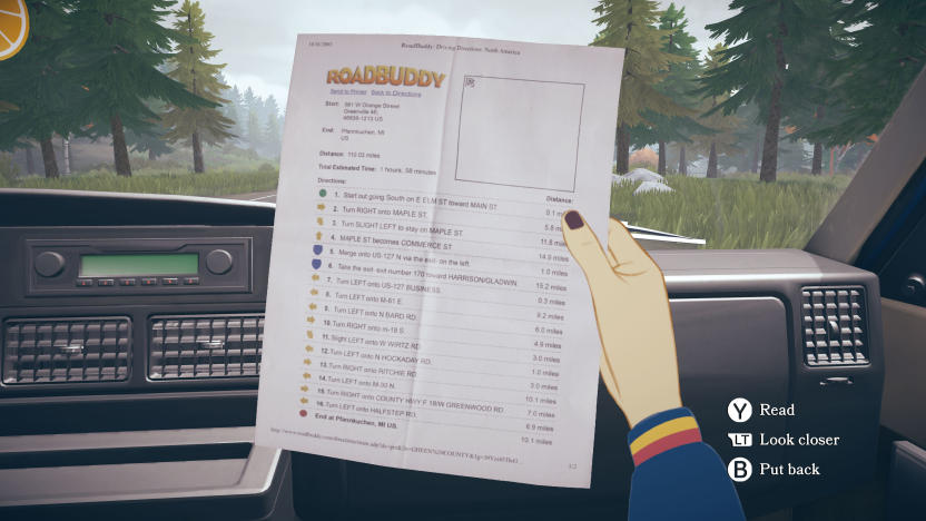 A still from the narrative-based video game Open Roads showing a POV view of a person holding a sheet of directions while sitting in the passenger seat of a car with woodlands seen through the windshield.