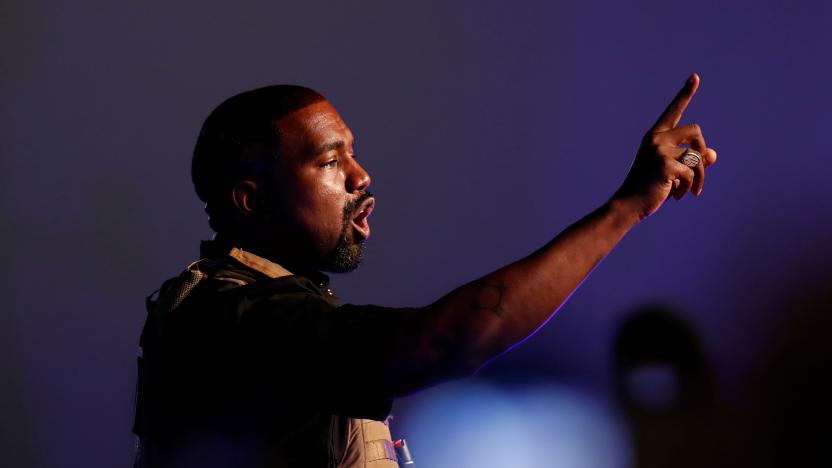 Rapper Kanye West gestures to the crowd as he holds his first rally in support of his presidential bid in North Charleston, South Carolina, U.S. July 19, 2020.  REUTERS/Randall Hill