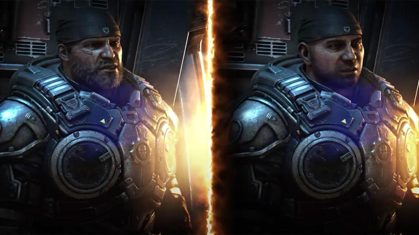 Marcus in 'Gears 5' in original form and Dave Bautista