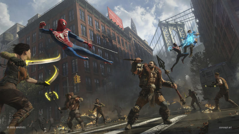 Action screenshot from PlayStation exclusive ‘Spider-Man 2’ featuring Spidey mid-air as he attempts a flying kick toward Kraven the Hunter. Others fight nearby.