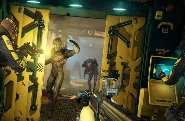 A screenshot from Rainbow Six Extraction, showing the player and a teammate aiming at aliens while a third teammate uses an access panel.