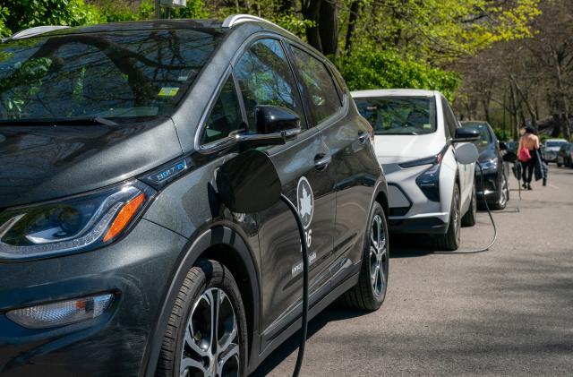 Electric New York City Parks Department vehicles are seen charging in Central Park in New York City, U.S., April 12, 2023. REUTERS/David Dee Delgado