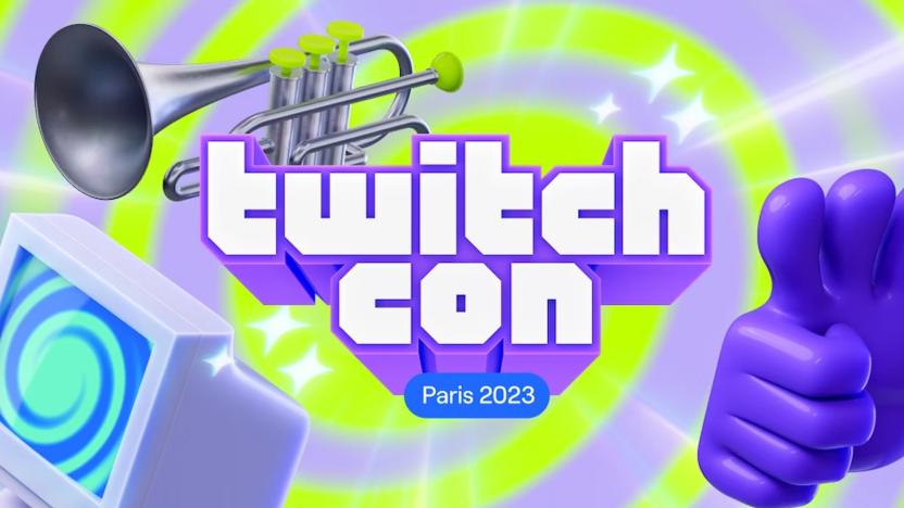 TwitchCon Paris 2023 key art. A trumpet, CRT monitor and thumbs up hover over a purple and neon green background. 