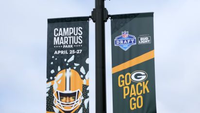 Reuters - Apr 24, 2024; Detroit, MI, USA; A Green Bay Packers banner on E. Montcalm St. promoting the 2024 NFL Draft. Mandatory Credit: Kirby Lee-USA TODAY Sports