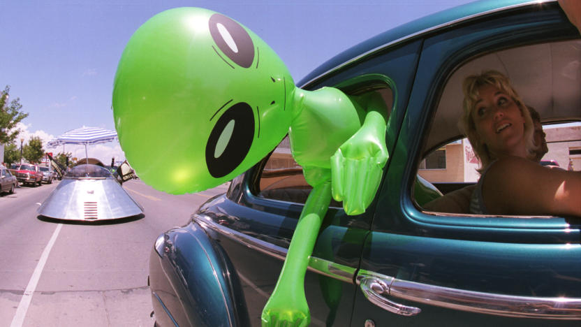 372049 02: An alien doll hangs out a car window in downtown Roswell, New Mexico July 1, 2000 as part of the annual UFO Encounter, which runs through July 4, 2000. The annual festival stems from a mysterious crash northwest of Roswell in 1947. The Army initially said it was a UFO crash, but quickly backed off that report. The Pentagon has since said it was a top-secret balloon crash, but UFO enthusiasts don''t believe that story, which gives rise to what has become known as the "Roswell Incident". (Photo by Joe Raedle/Newsmakers)