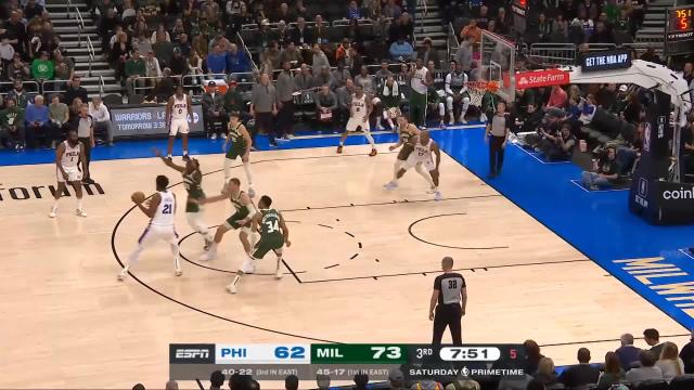 Joel Embiid with a 3-pointer vs the Milwaukee Bucks