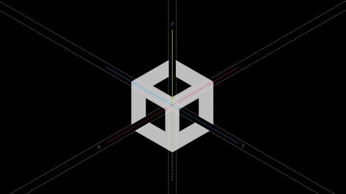 A slightly desconstructed Unity cube logo with dotted guide lines showing the cross sections of the design.