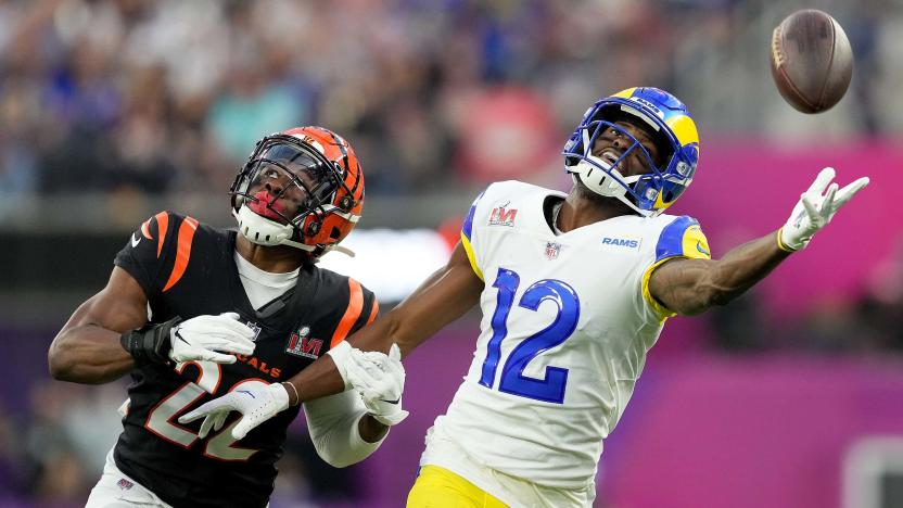 Feb 13, 2022; Inglewood, CA, USA; Los Angeles Rams wide receiver Van Jefferson (12) is unable to reach a pass as Cincinnati Bengals cornerback Chidobe Awuzie (22) defends in the second quarter during Super Bowl LVI, Sunday, Feb. 13, 2022, at SoFi Stadium in Inglewood, Calif.    Mandatory Credit: Kareem Elgazzar-USA TODAY Sports