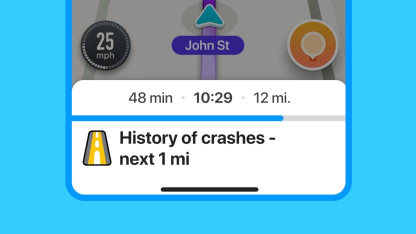 A computer render of a navigation app interface showing the road's "history of crashes"