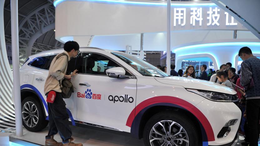 FUZHOU, CHINA - MAY 06: A Baidu Apollo vehicle is on display at the Baidu stand during the 2nd Digital China Summit & Exhibition at Fuzhou Strait International Conference & Exhibition Center on May 6, 2019 in Fuzhou, Fujian Province of China. The 2nd Digital China Summit with the theme of 'IT application: new growth drivers for new developments and achievements' is held on May 6-8 in Fuzhou. (Photo by Visual China Group via Getty Images/Visual China Group via Getty Images)