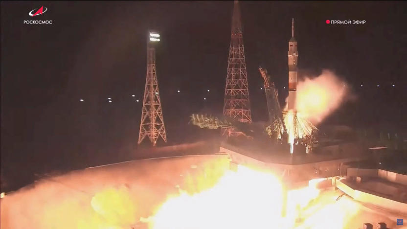 The Soyuz MS-23 spacecraft blasts off from the launchpad at the Baikonur Cosmodrome, Kazakhstan February 24, 2023, in this still image taken from video. Roscosmos/Handout via REUTERS ATTENTION EDITORS - THIS IMAGE HAS BEEN SUPPLIED BY A THIRD PARTY. MANDATORY CREDIT.