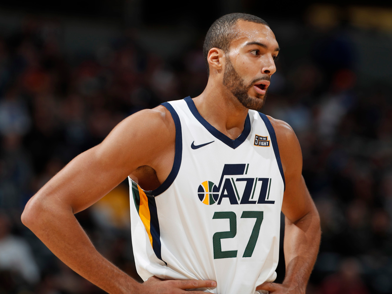 Jazz's Rudy Gobert gets whistled for a foul during the opening tip and