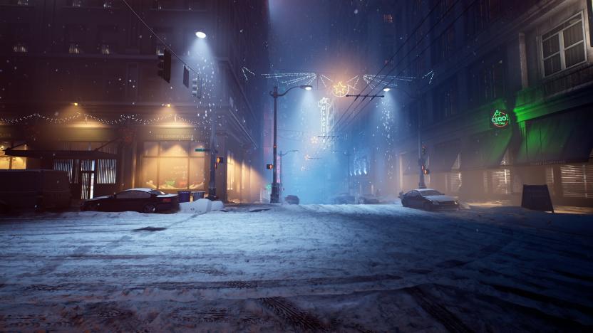 A wintry nighttime setting in a city in Vampire: The Masquerade - Bloodlines 2.