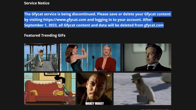 Screenshot of Gfycat front page.