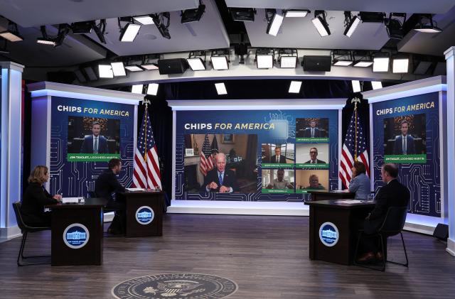 WASHINGTON, DC - JULY 25: U.S. President Joe Biden participates virtually in a meeting on the Creating Helpful Incentives to Produce Semiconductors (CHIPS) for America Act, in the South Court Auditorium at the White House on July 25, 2022 in Washington, DC. The meeting was held for President Biden to hear from CEOs and labor leaders on the way funding for production of computer chips would impact them. The meeting was also attended by U.S. Secretary of Commerce Gina Raimondo, U.S. Deputy Secretary of Defense Kathleen Hicks, Brian Deese, Director of the National Economic Council and National Security Advisor Jake Sullivan. (Photo by Anna Moneymaker/Getty Images)