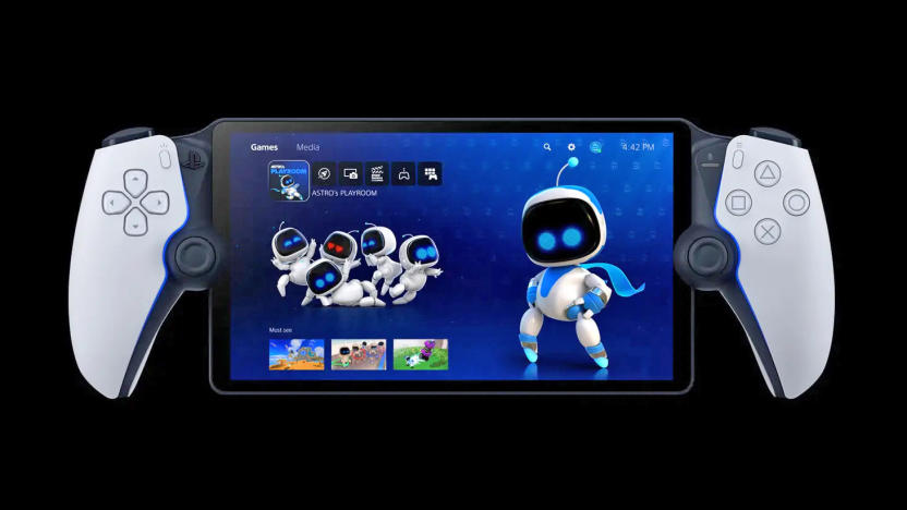 Sony's PlayStation Portal remote player handheld device, showing PlayStation 5 menu screen and a cute robot character named Astro.