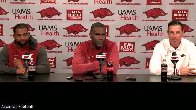 New Arkansas football coaches Deron Wilson, Marcus Woodson and Dan Enos introduced