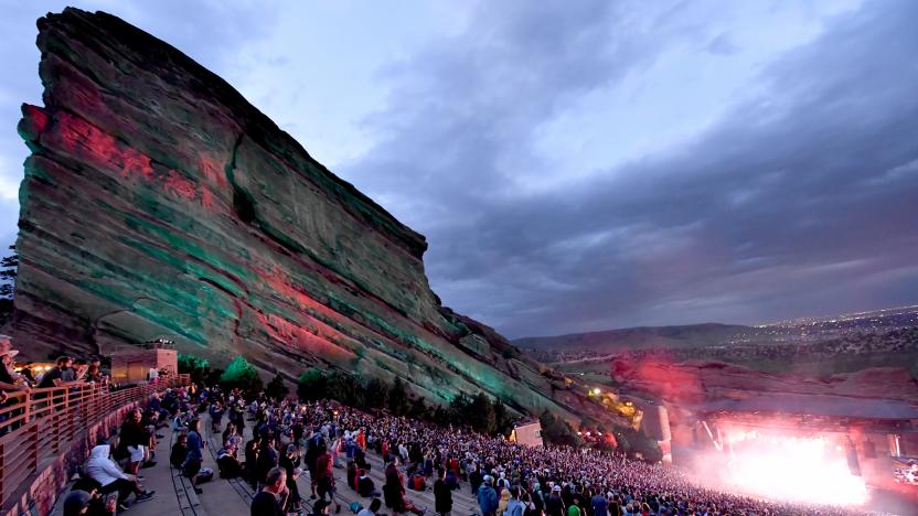 MORRISON, CO - JUNE 20: Jake Cinninger, Kris Myers, Ryan Stasik, Andy Farag, Brendan Bayliss and Joel Cummins of Umphreys McGee perform at Red Rocks Amphitheater on June 20, 2021 in Morrison, Colorado. (Photo by Jeff Kravitz/FilmMagic)