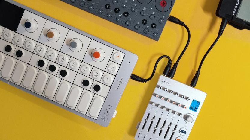 The OP-1 Field synthesizer is pictured connected to the TX-6 mixer from Teenage Engineering.