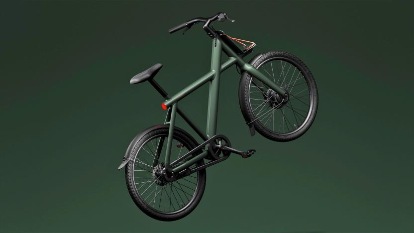 A rendering of the VanMoof X4 e-bike in green colorway floats in a dark green void.