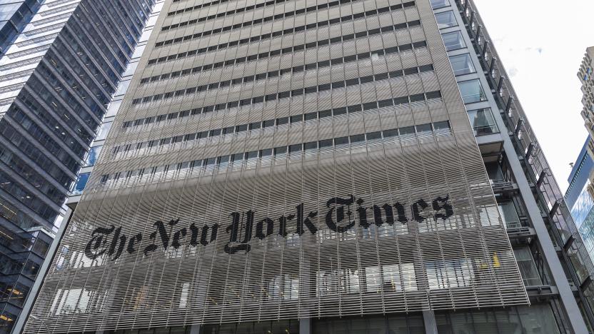 New York City, USA - August 2, 2018: Facade of The New York Times (NYT and NYTimes) headquarters on Eighth Avenue, Manhattan, New York City, USA