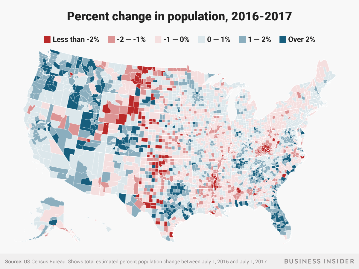 Here are the fastest growing and shrinking counties in the US