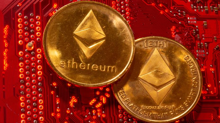 Representations of cryptocurrency Ethereum are placed on PC motherboard in this illustration taken, June 29, 2021. REUTERS/Dado Ruvic/Illustration