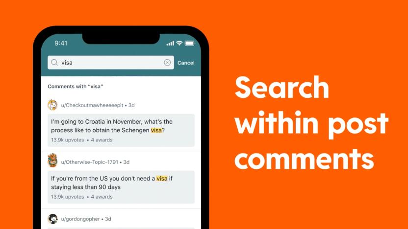 Orange background. Left: Phone with a screen showing a post comment search in the Reddit app. Right: the text, "Search within post comments."