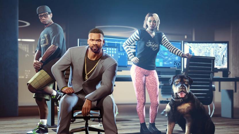 Franklin Clinton, his dog Chop and friends in a GTA Online mission called "The Contract."