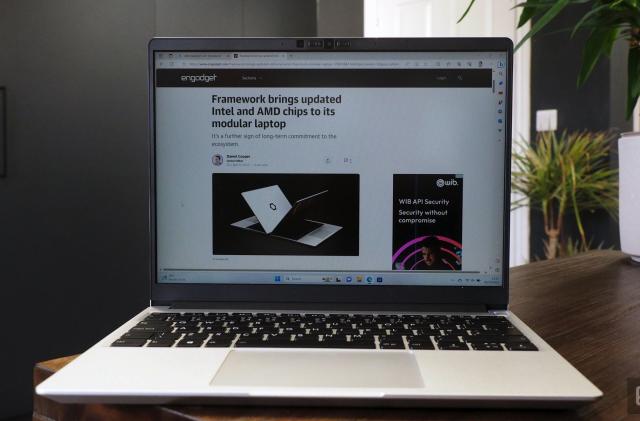 Image of the Framework Laptop 13 AMD Edition on a desk in front of a dark wood background and some plants.