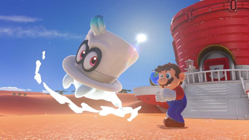 Still from ‘Super Mario Odyssey,’ showing Mario (right) shivering as he watches the sentient hat, Cappy, float through the air (left).