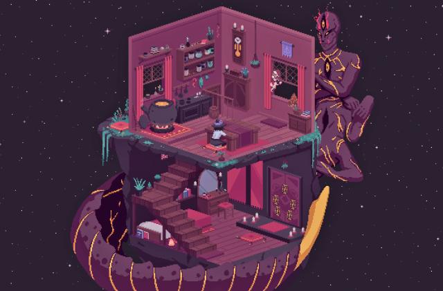 In this screenshot from the video game 'The Cosmic Wheel Sisterhood', we see a disembodied two story home floating in space with a boat-like base and a genie at the prow.