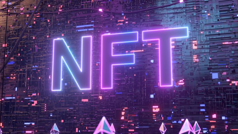 Blockchain digital data transmission room. NFT non fungible token neon concept with crypto currencies Ethereum. New way to buy digital assets, collectibles and crypto art. High quality 3d illustration